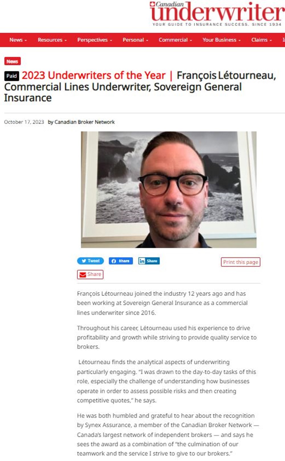 a screenshot of the article "2023 Underwriters of the Year | François Létourneau"